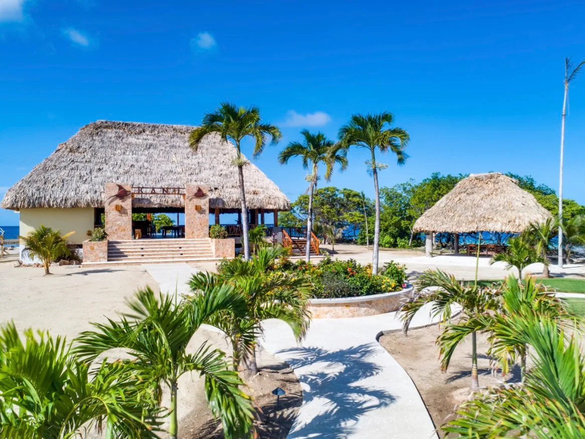 An open-air pavilion with a thatched roof stands among palm trees and garden paths.
