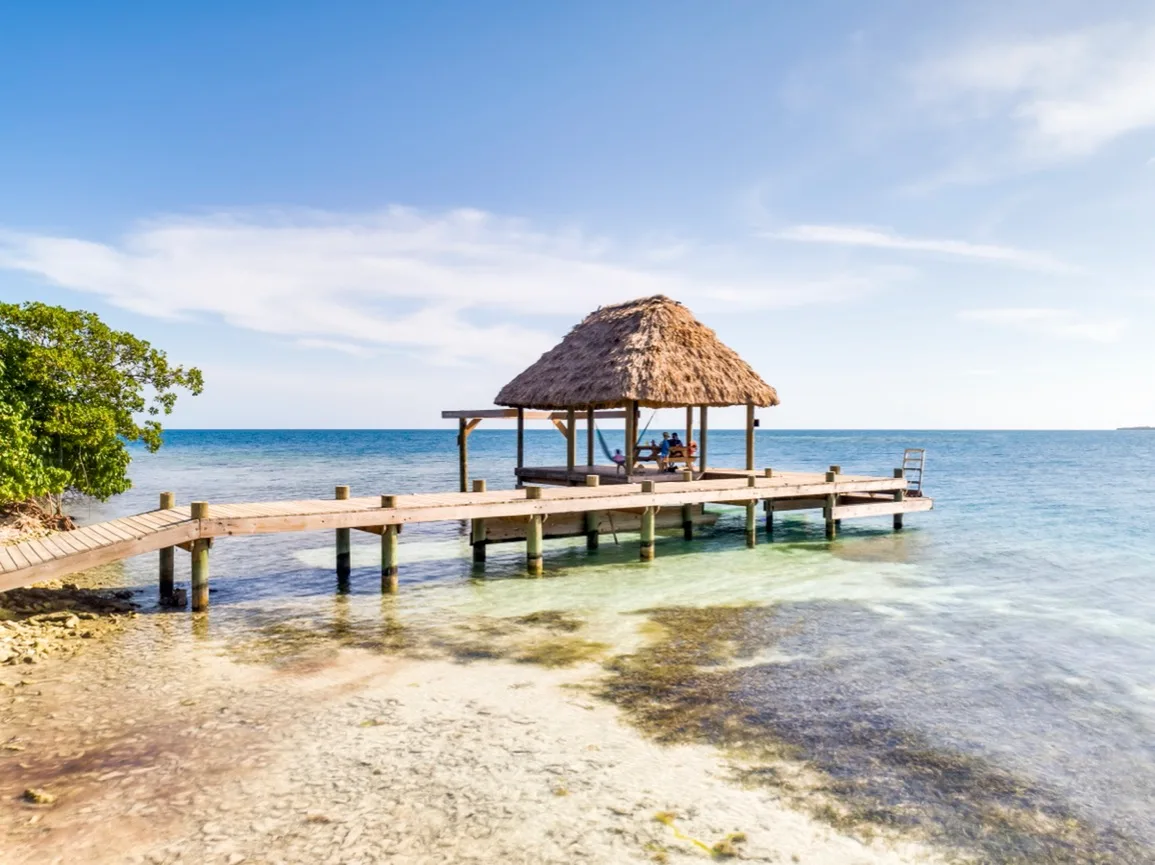 A thatched-roof shelter stands on a wooden pier over clear coastal water.