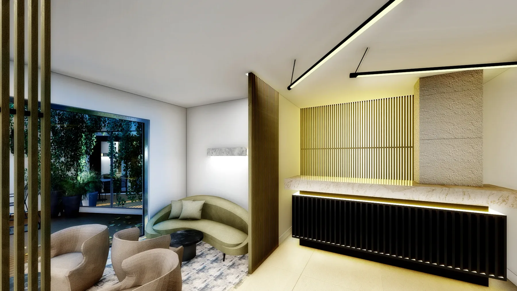 Representative hotel space: A modern reception area with a curved seating nook and long front desk.
