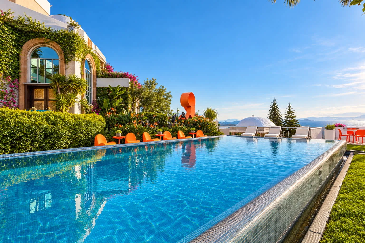 Shared amenity: An outdoor pool beside a landscaped building, with seating along the water.