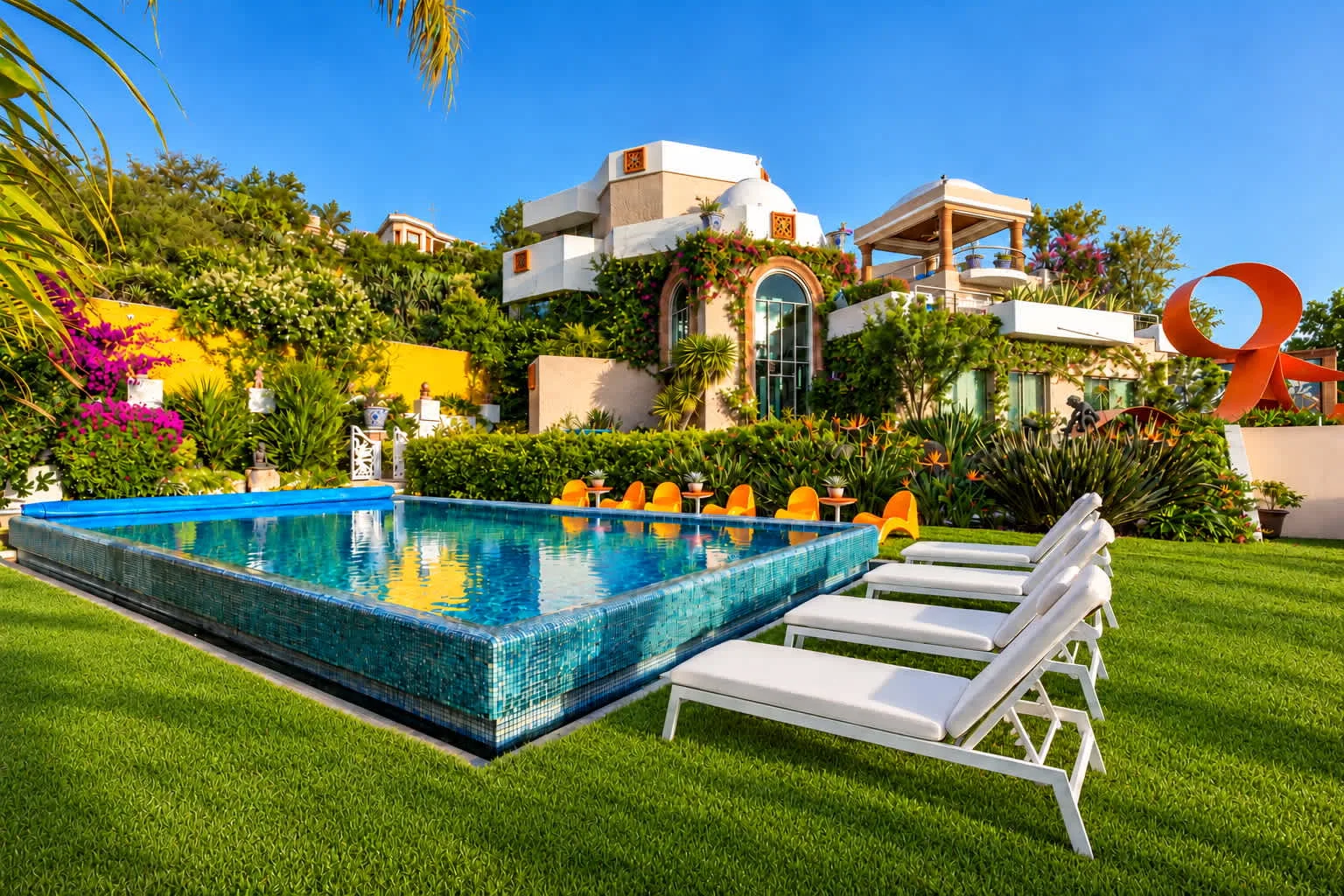 Shared amenity: Outdoor pool area with lounge seating beside a landscaped building.