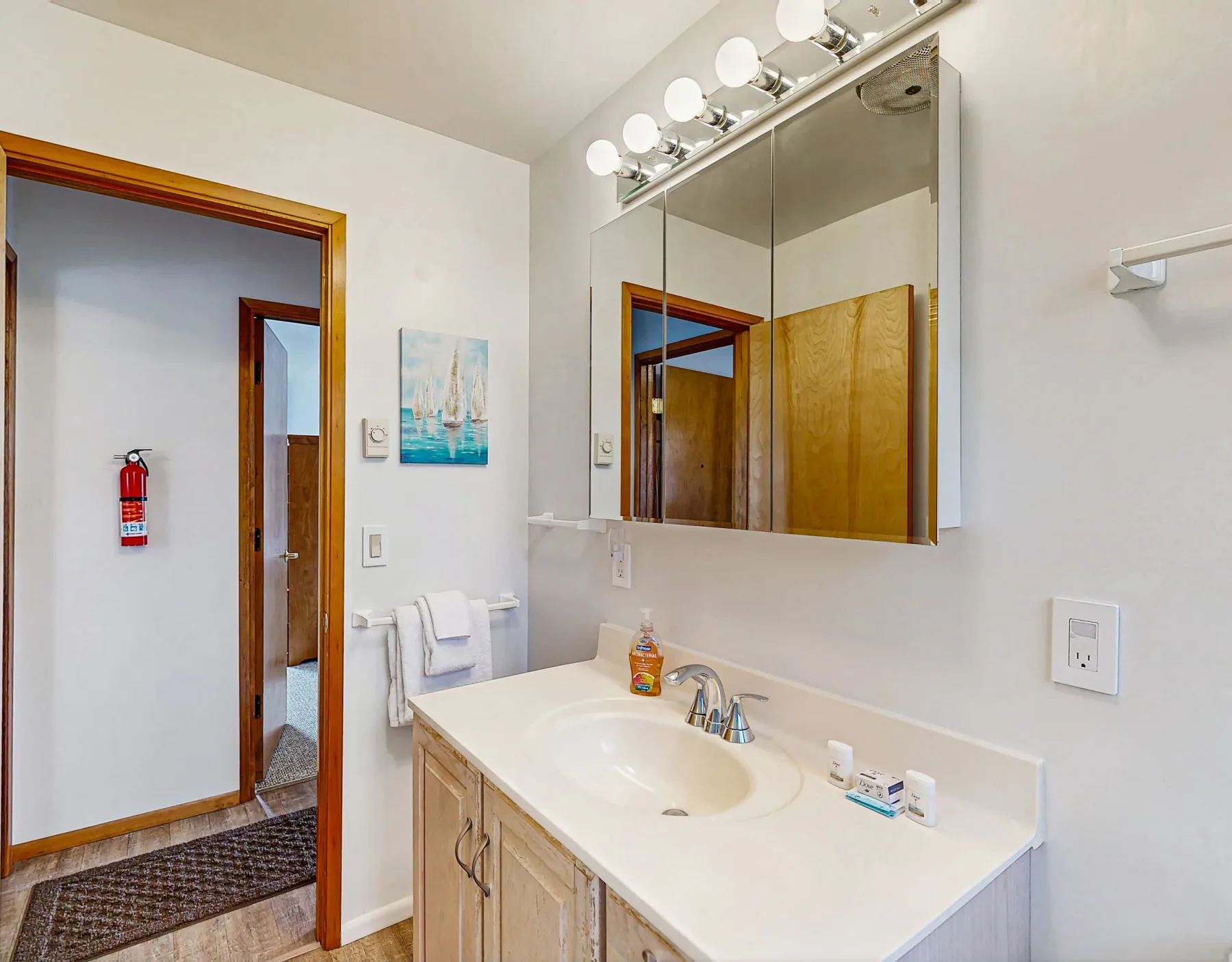 A bathroom vanity with a sink sits beneath a large mirror.