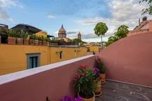 A rooftop terrace has pink walls, potted flowers, and views of nearby buildings.
