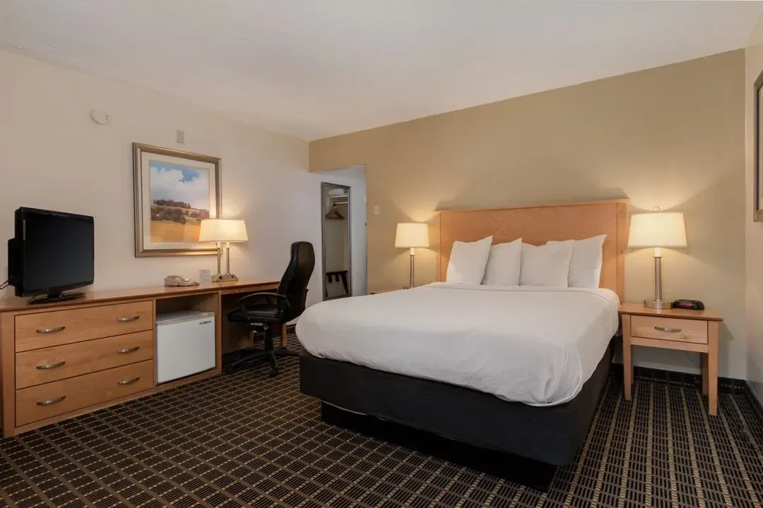 Representative hotel space: A hotel bedroom with a bed, desk, and television.