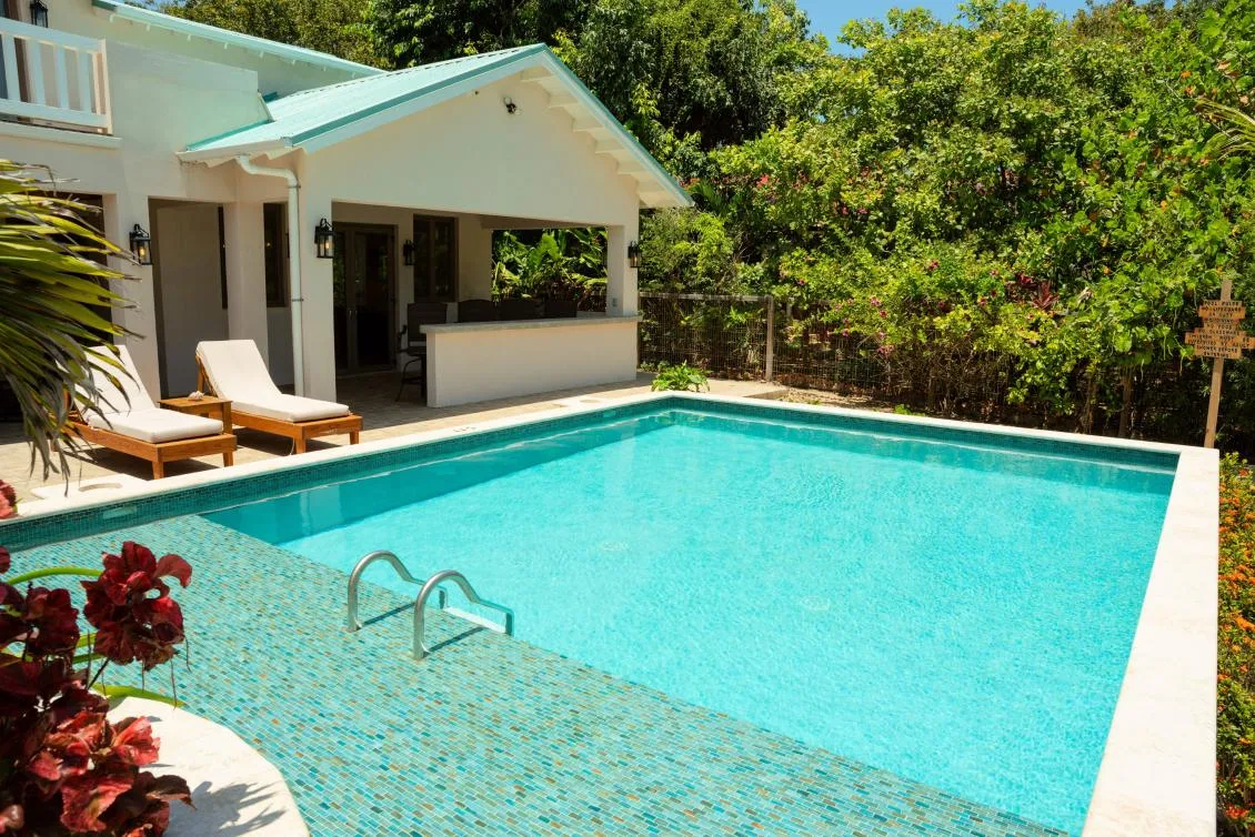 An outdoor swimming pool beside a covered patio and surrounding greenery.