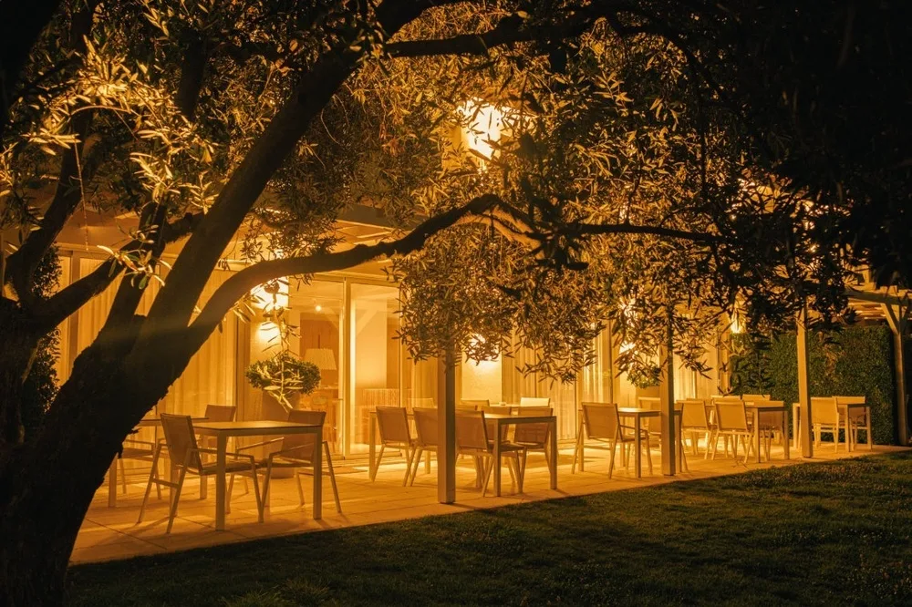 Representative hotel space: An outdoor dining area with tables and seating under trees at night.