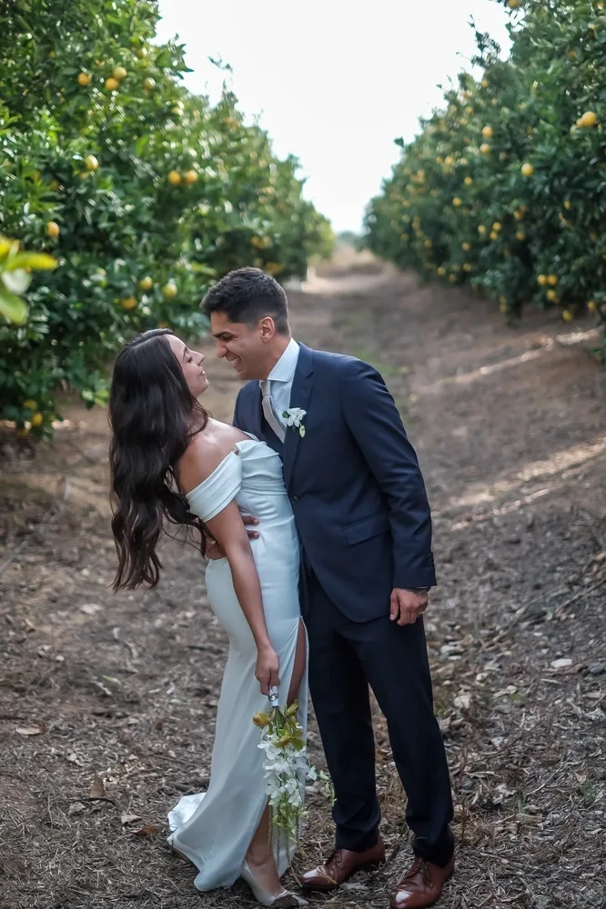 Representative hotel space: A couple in wedding attire pose together among rows of citrus trees.