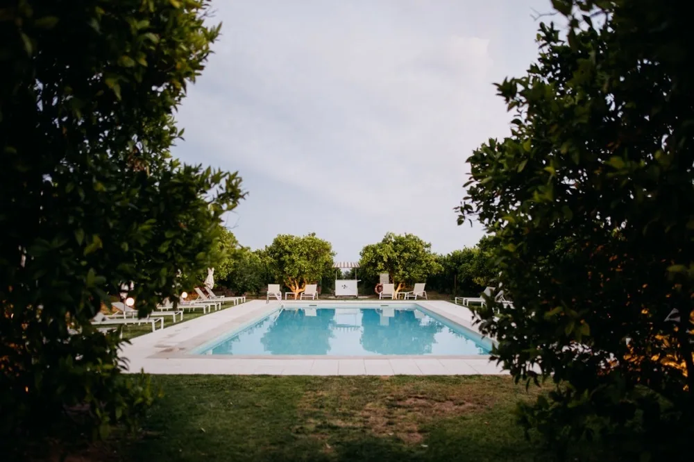 Representative hotel space: An outdoor swimming pool is framed by leafy trees and a grassy lawn.