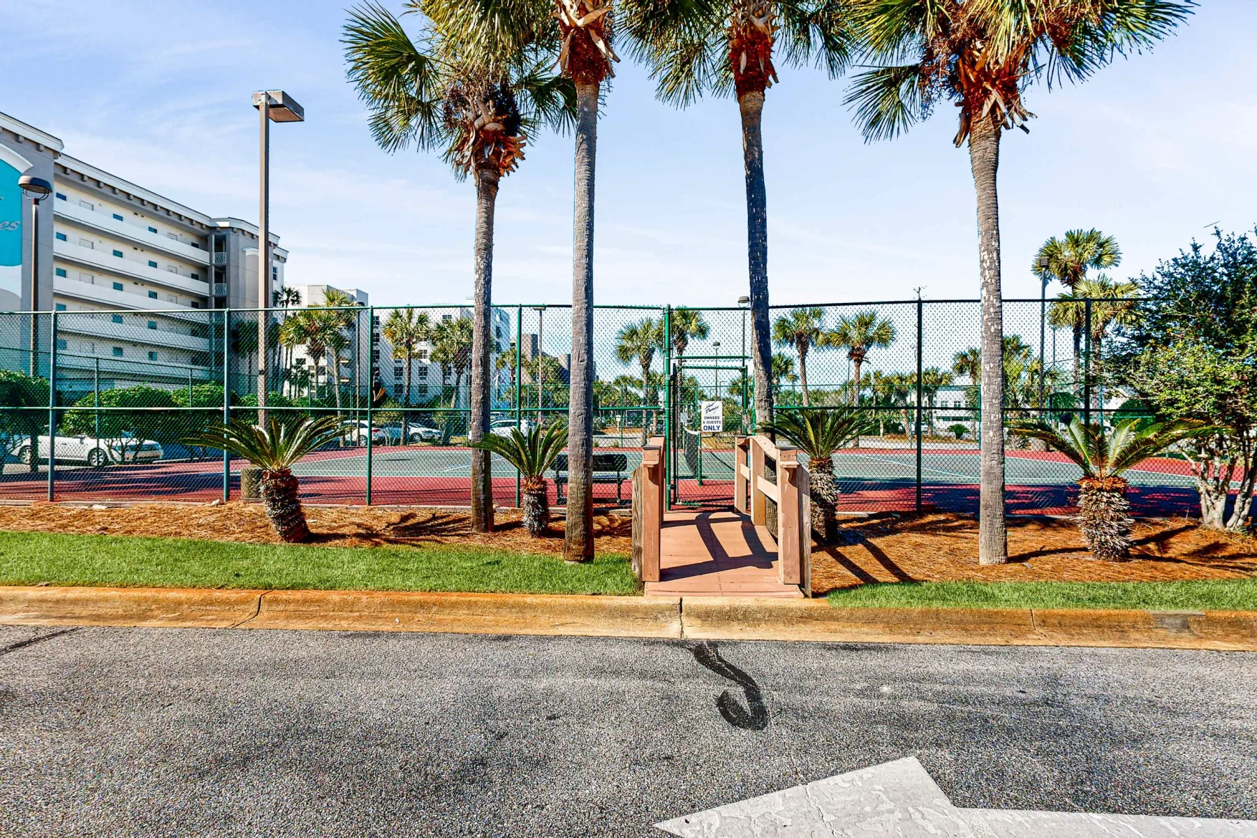 Zona común: Cancha deportiva exterior cercada, con palmeras y un sendero central.
