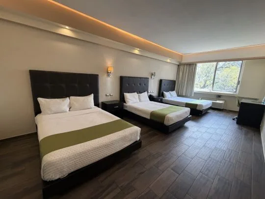 Representative hotel space: A bedroom with several beds and a large window.