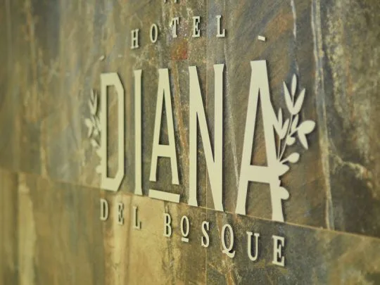 Representative hotel space: A hotel name sign is mounted on a textured stone wall.