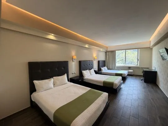 Representative hotel space: A hotel bedroom with two beds and a window overlooking greenery.