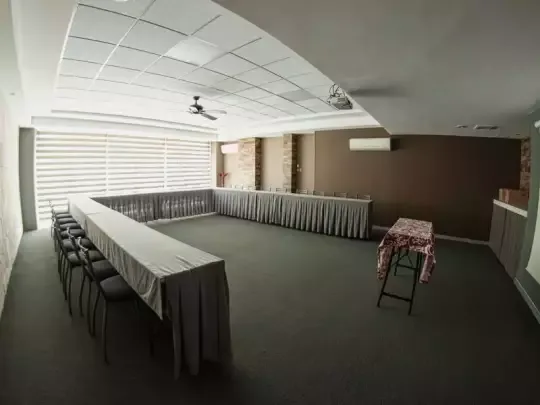 Representative hotel space: A banquet room with tables arranged around the perimeter.