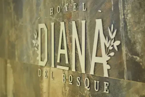 Representative hotel space: Hotel signage displays the name Hotel Diana del Bosque on a textured wall.