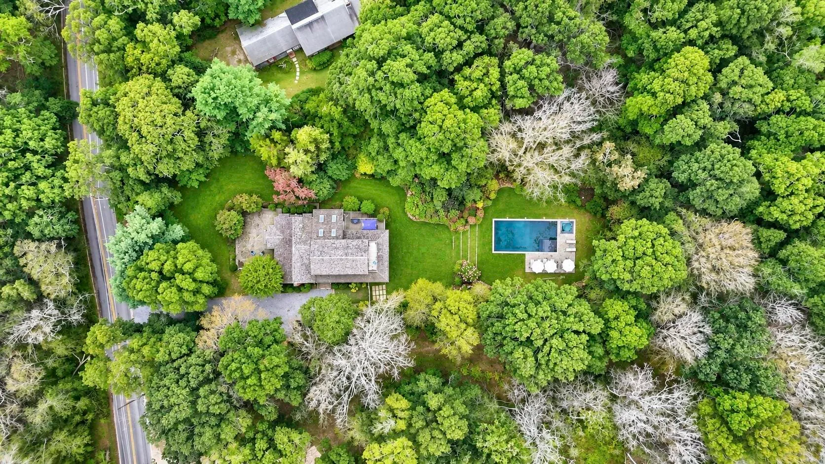 Aerial view of a house and swimming pool surrounded by dense trees.
