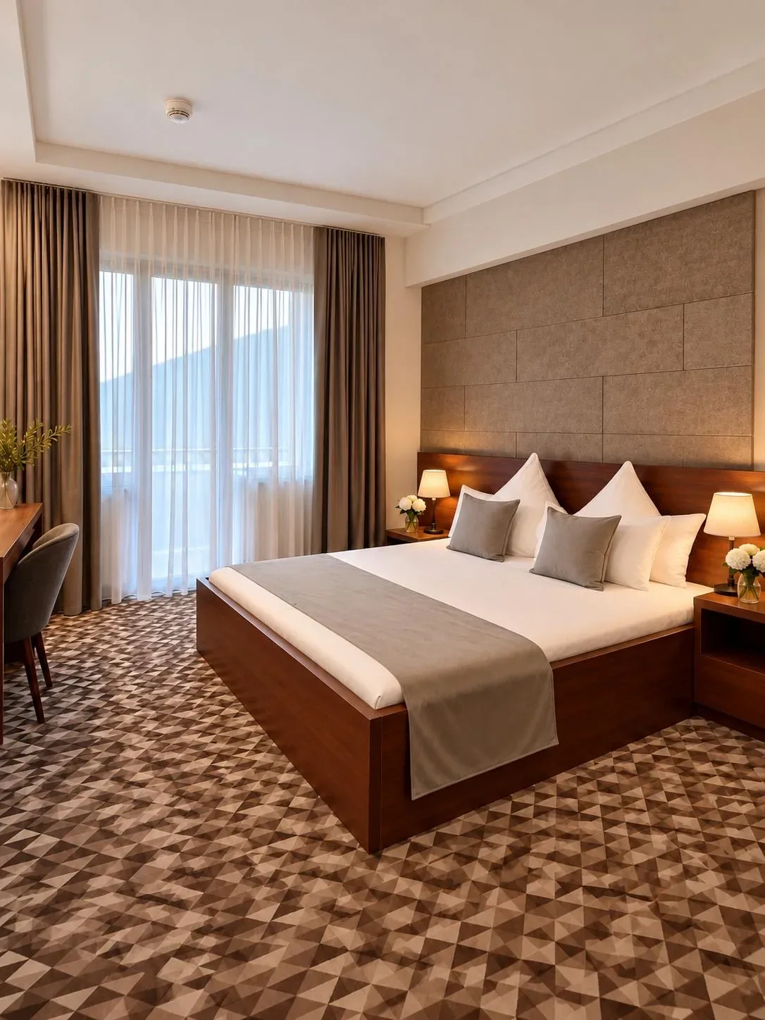 Espacio representativo del hotel: Dormitorio con una cama grande junto a una ventana de suelo a techo.