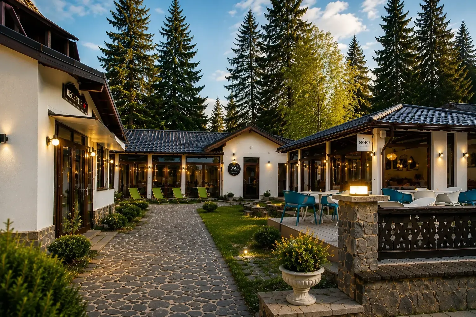 Espacio representativo del hotel: Un sendero ajardinado atraviesa el patio entre edificios bajos y una zona de asientos al aire libre.