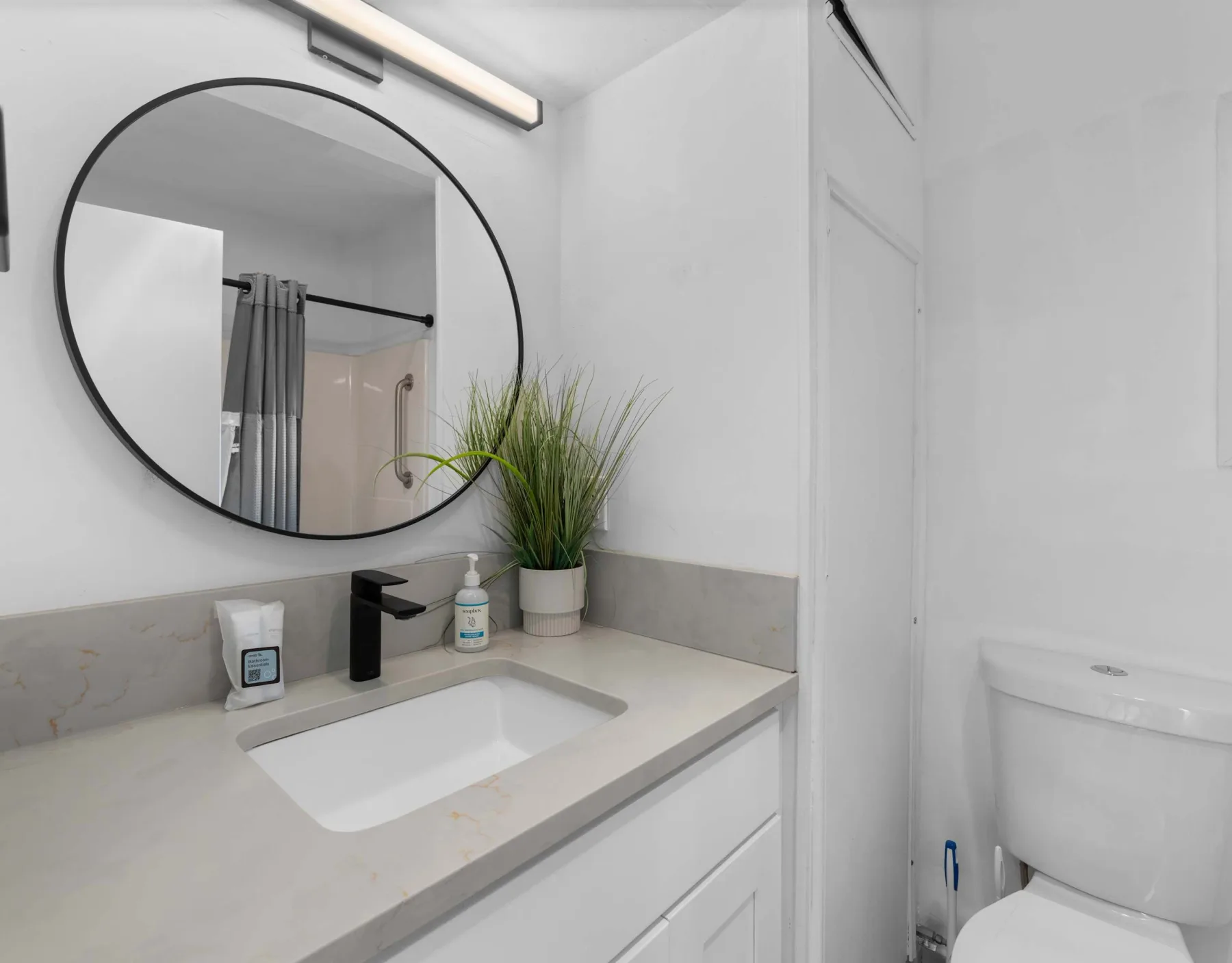 A bathroom vanity with a sink, round mirror, and potted plant.