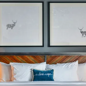 Espacio representativo del hotel: Un dormitorio con una cama bajo cuadros de animales.