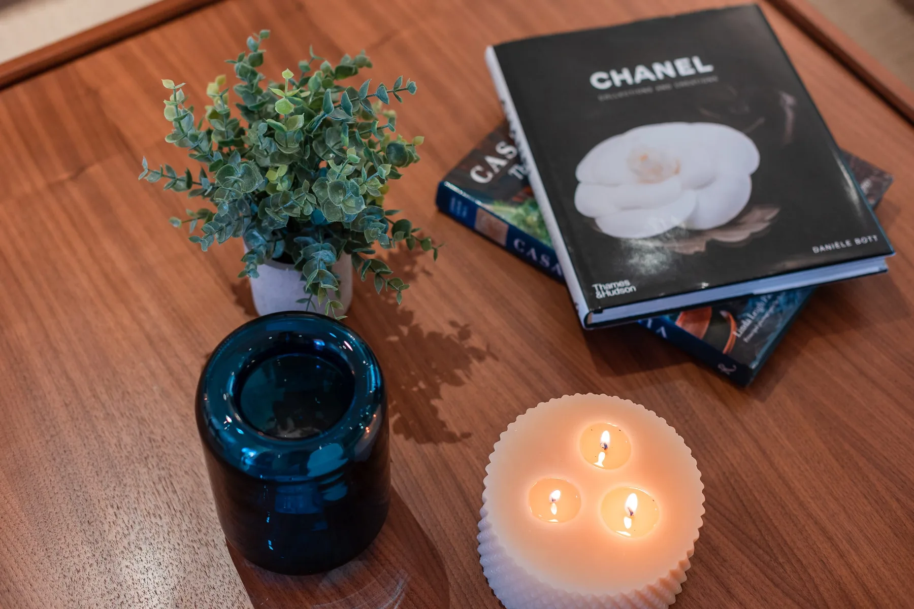 Una mesa de madera muestra libros, una planta pequeña y una vela encendida.