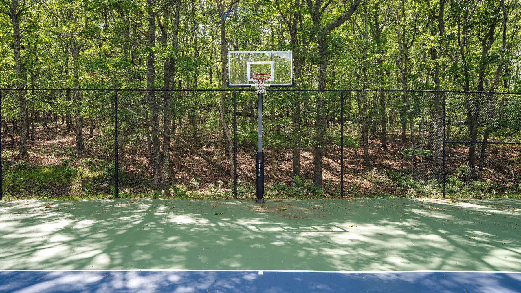 An outdoor basketball court with a hoop, surrounded by trees.