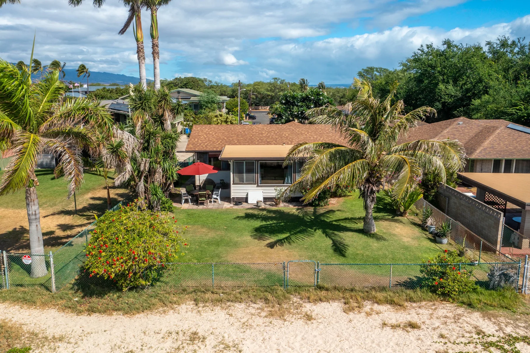 Una casa de una planta y un césped están rodeados de palmeras y vegetación tropical.