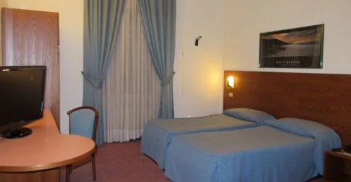 Representative hotel space: A hotel bedroom with a bed, television, and tall curtained window.