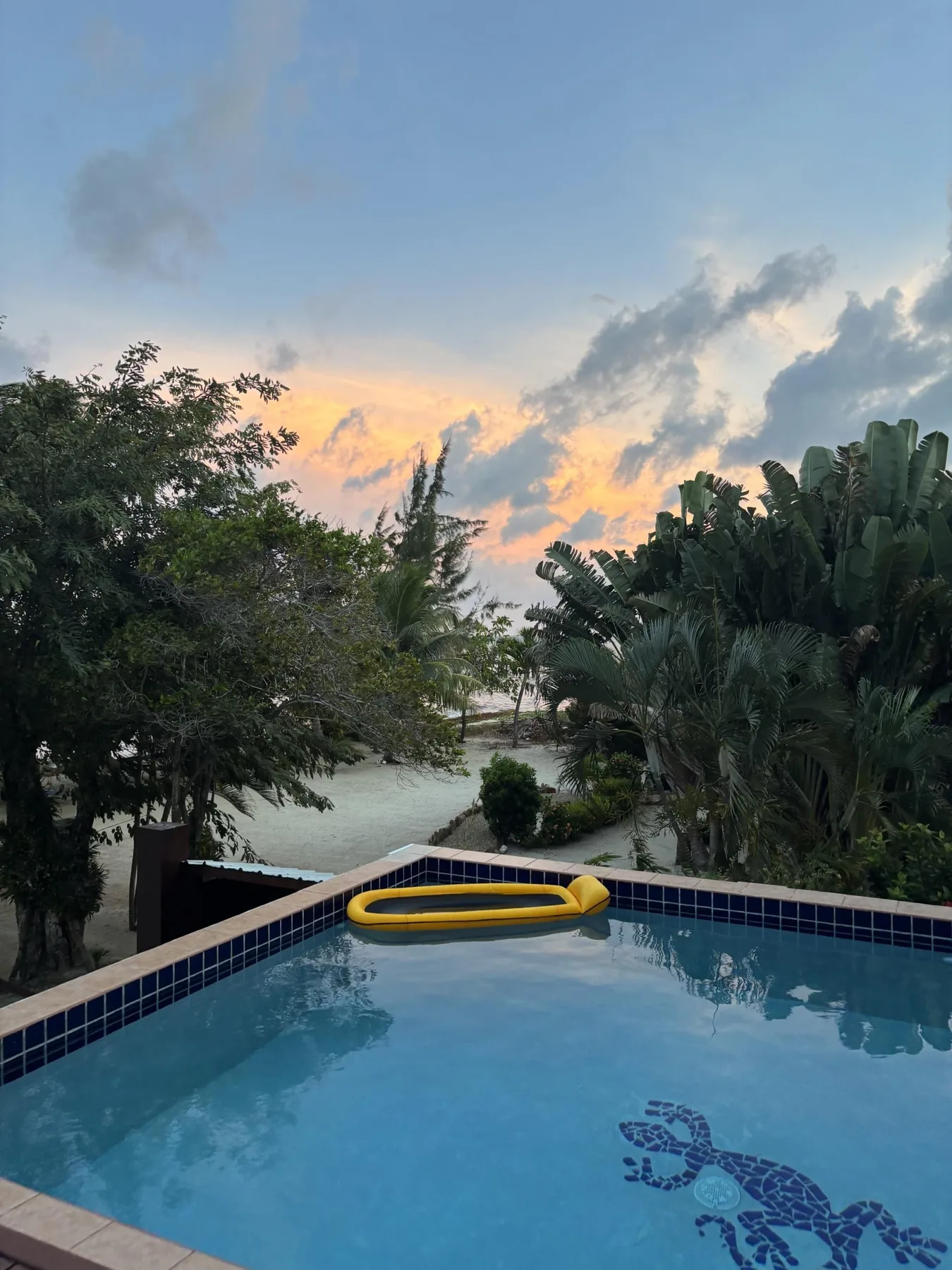 Una piscina da a árboles frondosos bajo un cielo colorido al atardecer.