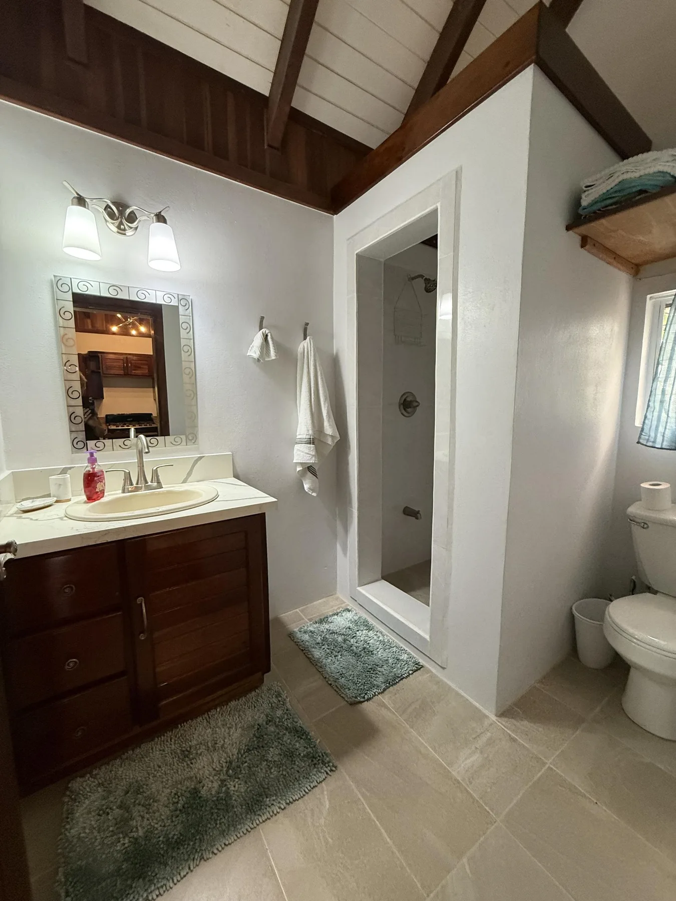 Un baño con lavabo, espejo, ducha e inodoro.