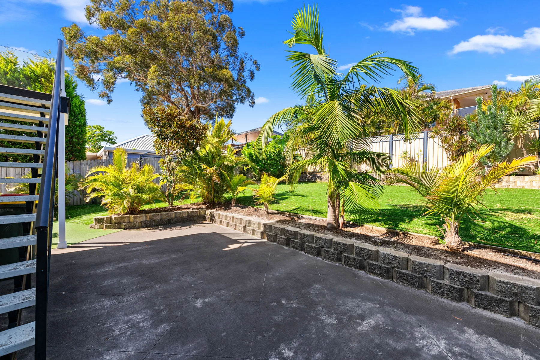 Una zona exterior pavimentada bordea un jardín elevado con palmeras y arbustos.