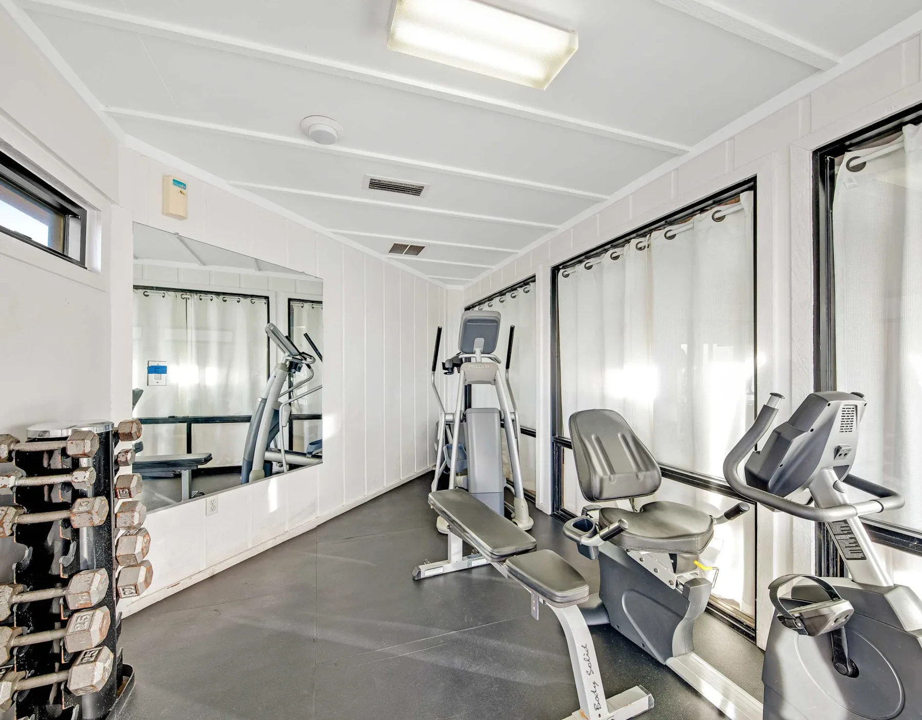 Zona común: Una sala de ejercicio con máquinas y un espejo de pared.