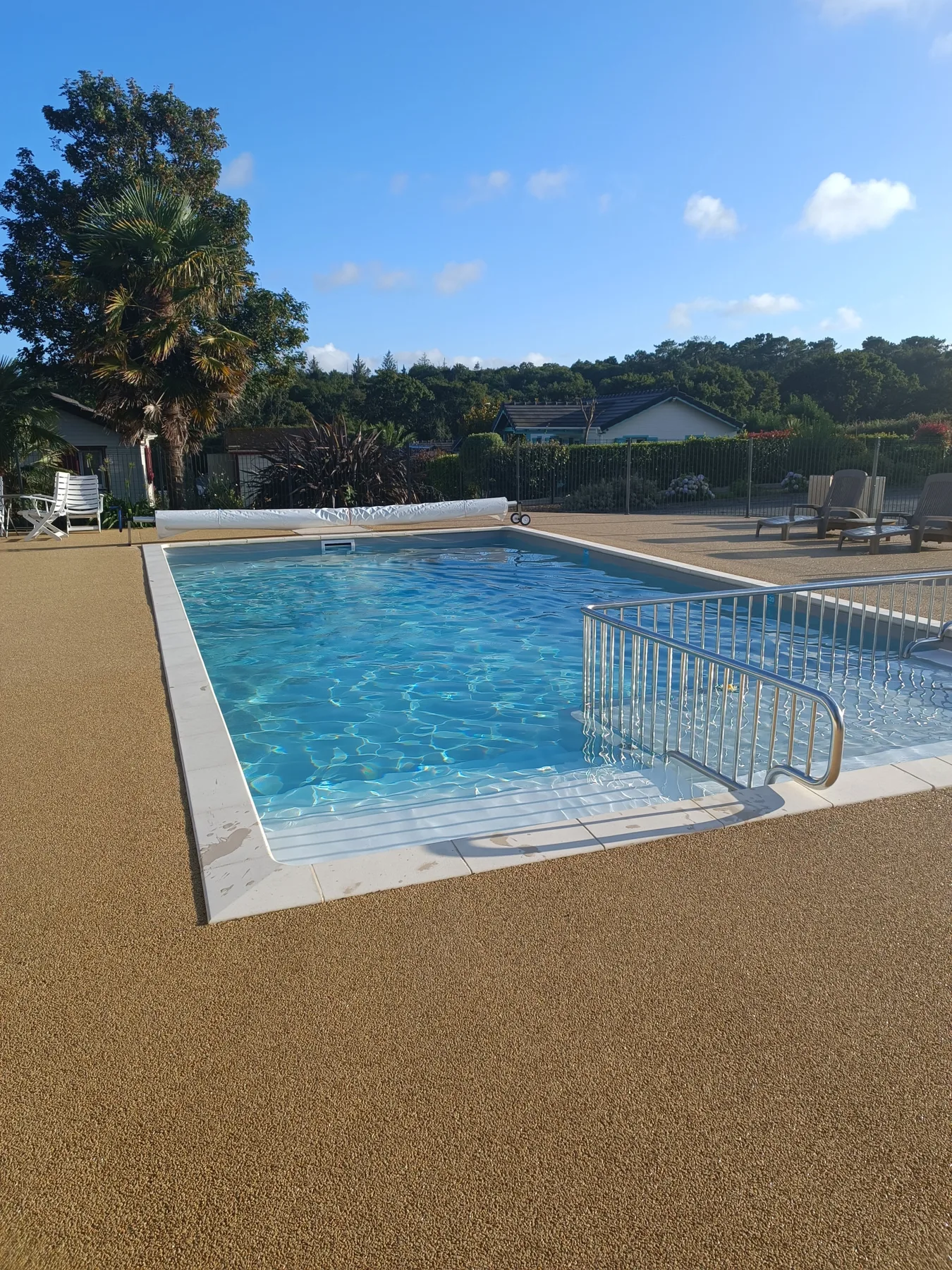 Shared amenity: Outdoor swimming pool surrounded by a paved deck and greenery.