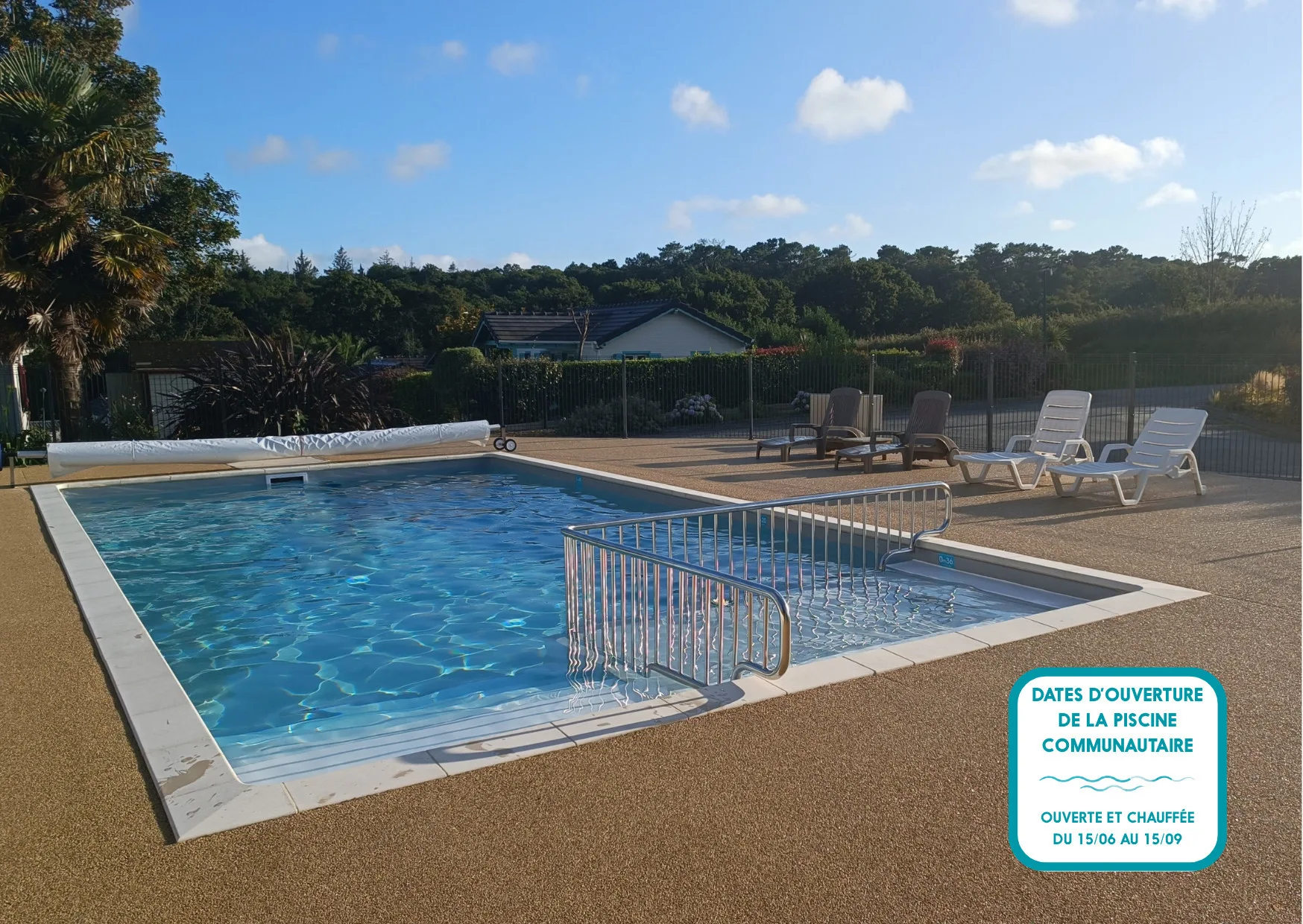 Shared amenity: An outdoor swimming pool with lounge chairs on the surrounding deck.