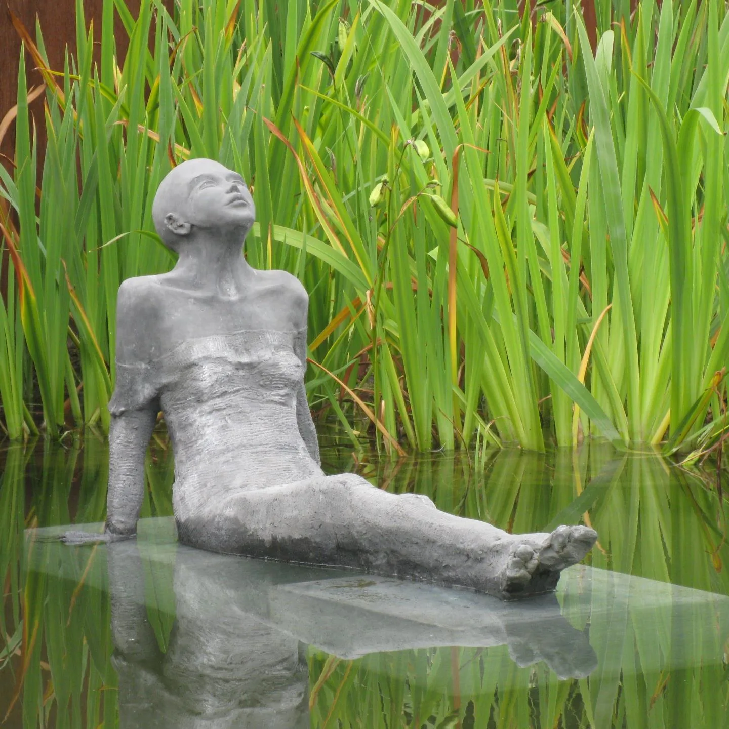 Espacio representativo del hotel: Una figura esculpida está sentada en un estanque reflectante junto a plantas verdes altas.