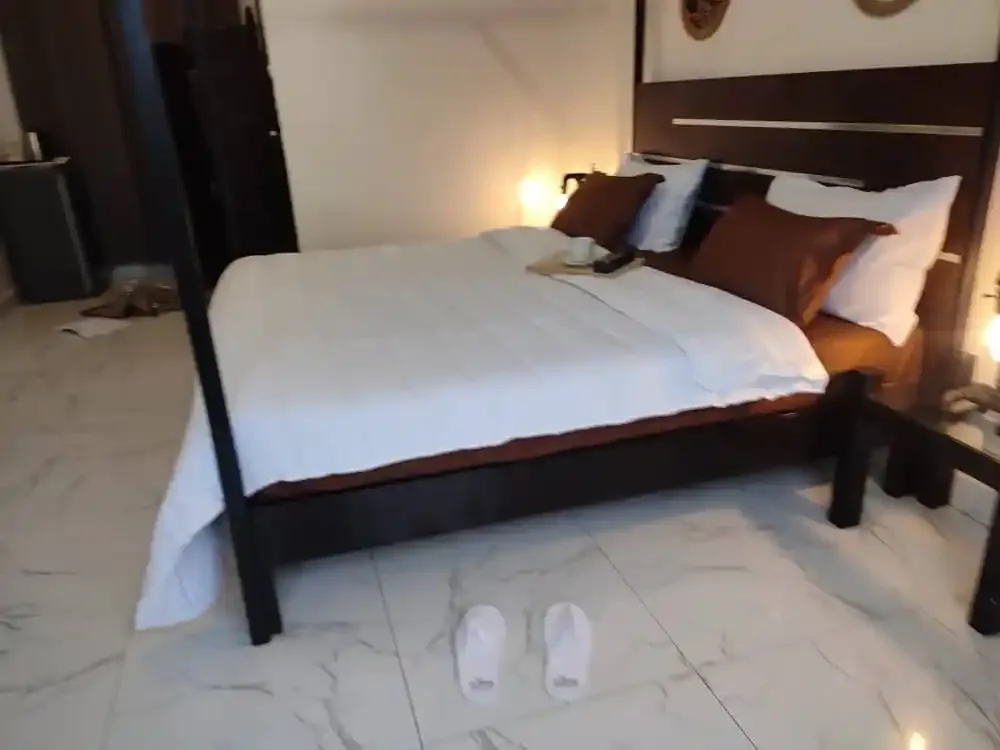 Representative hotel space: A bedroom with a bed dressed in white bedding and brown pillows.