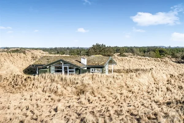 A low house sits among dry dune grasses beneath a clear blue sky.