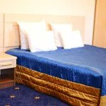 Espacio representativo del hotel: Un dormitorio de hotel con ropa de cama azul y almohadas.