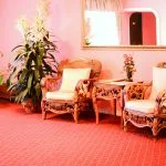 Espacio representativo del hotel: Una sala de estar rosa con asientos acolchados y una planta frondosa.