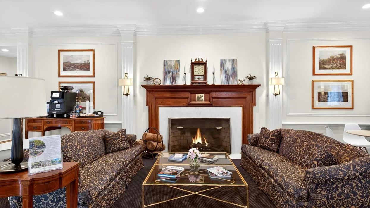 Espacio representativo del hotel: Un salón de hotel con asientos estampados alrededor de una chimenea y una mesa de centro.