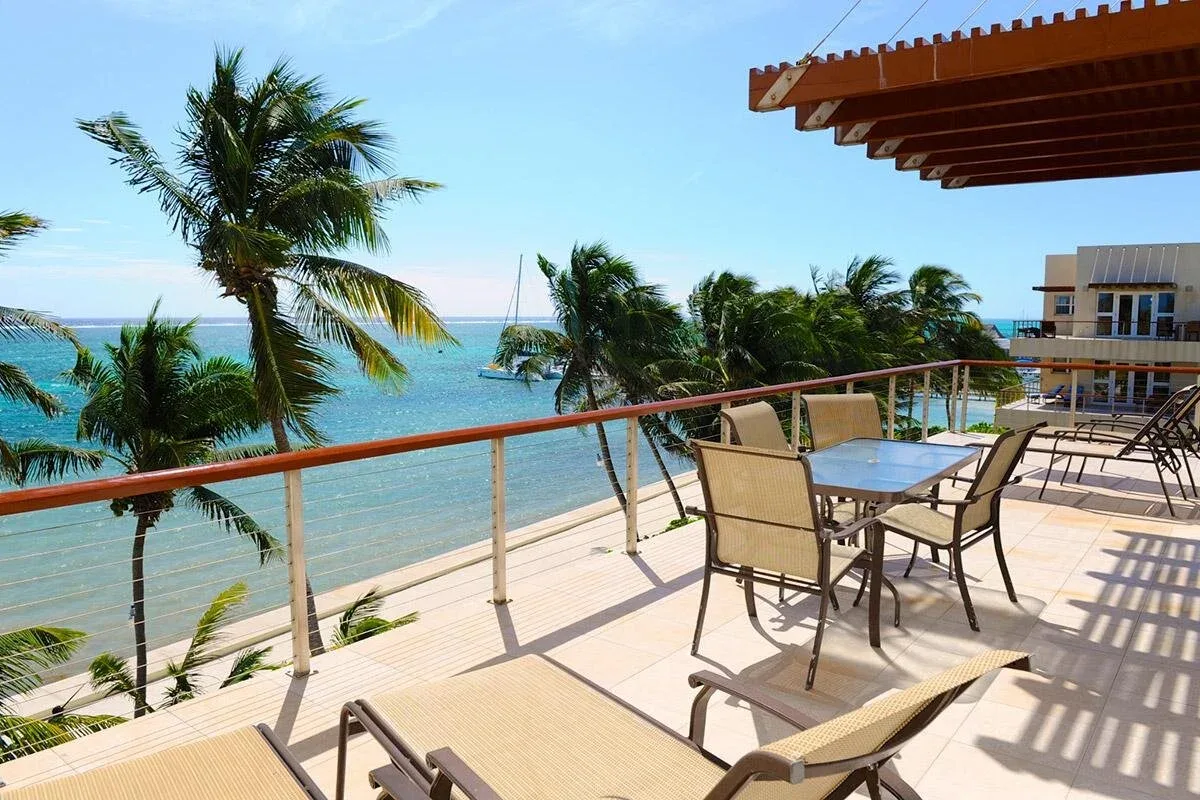 Espacio representativo del hotel: Una terraza junto al mar con asientos al aire libre ofrece vistas al agua y las palmeras.