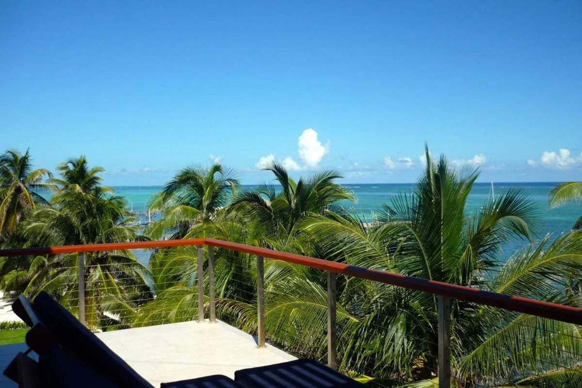 Espacio representativo del hotel: Un balcón da a palmeras y al océano.