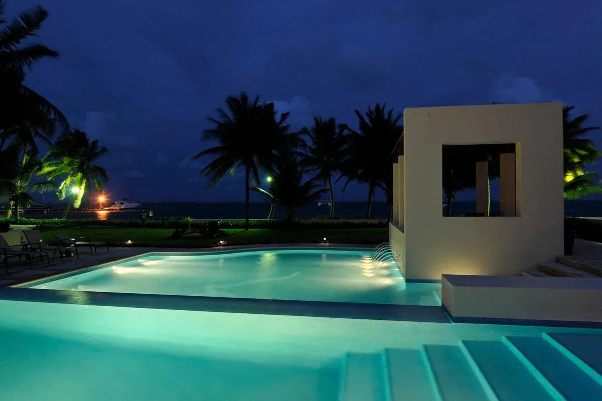 Espacio representativo del hotel: Una piscina exterior iluminada por la noche, con palmeras al fondo.