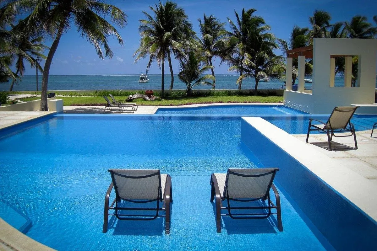 Espacio representativo del hotel: Una piscina junto al mar con palmeras y asientos de descanso.