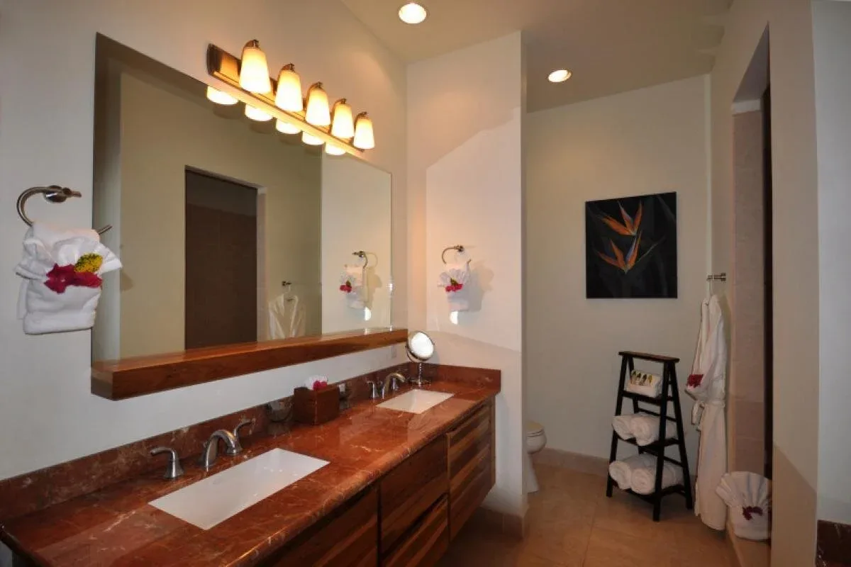 Espacio representativo del hotel: Un lavabo de baño con un espejo largo y una lámina floral enmarcada.