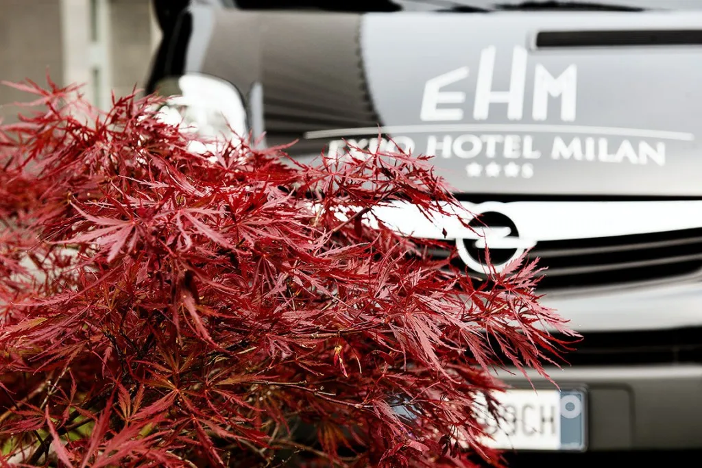 Espacio representativo del hotel: Un vehículo de hotel está parcialmente oculto por follaje de hojas rojas.