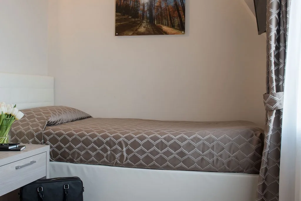 Espacio representativo del hotel: Un dormitorio con una cama individual, ropa de cama estampada y una imagen enmarcada de un bosque.