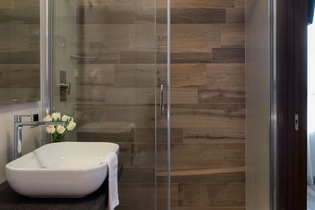 Espacio representativo del hotel: Un baño con lavabo y ducha de vidrio.