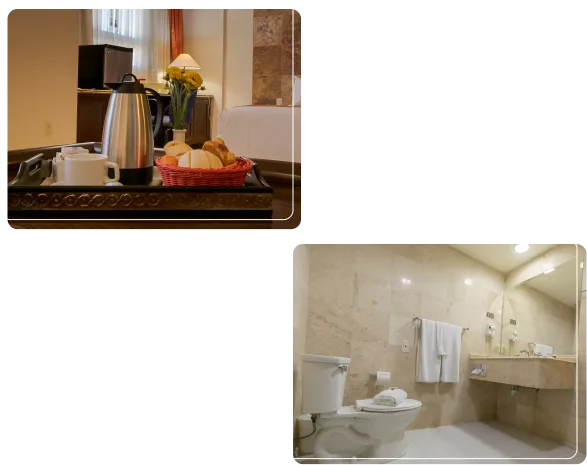 Representative hotel space: Hotel room with a refreshment tray beside a bathroom with a shower.