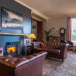 Representative hotel space: A living room with leather seating, a fireplace, and a large window.