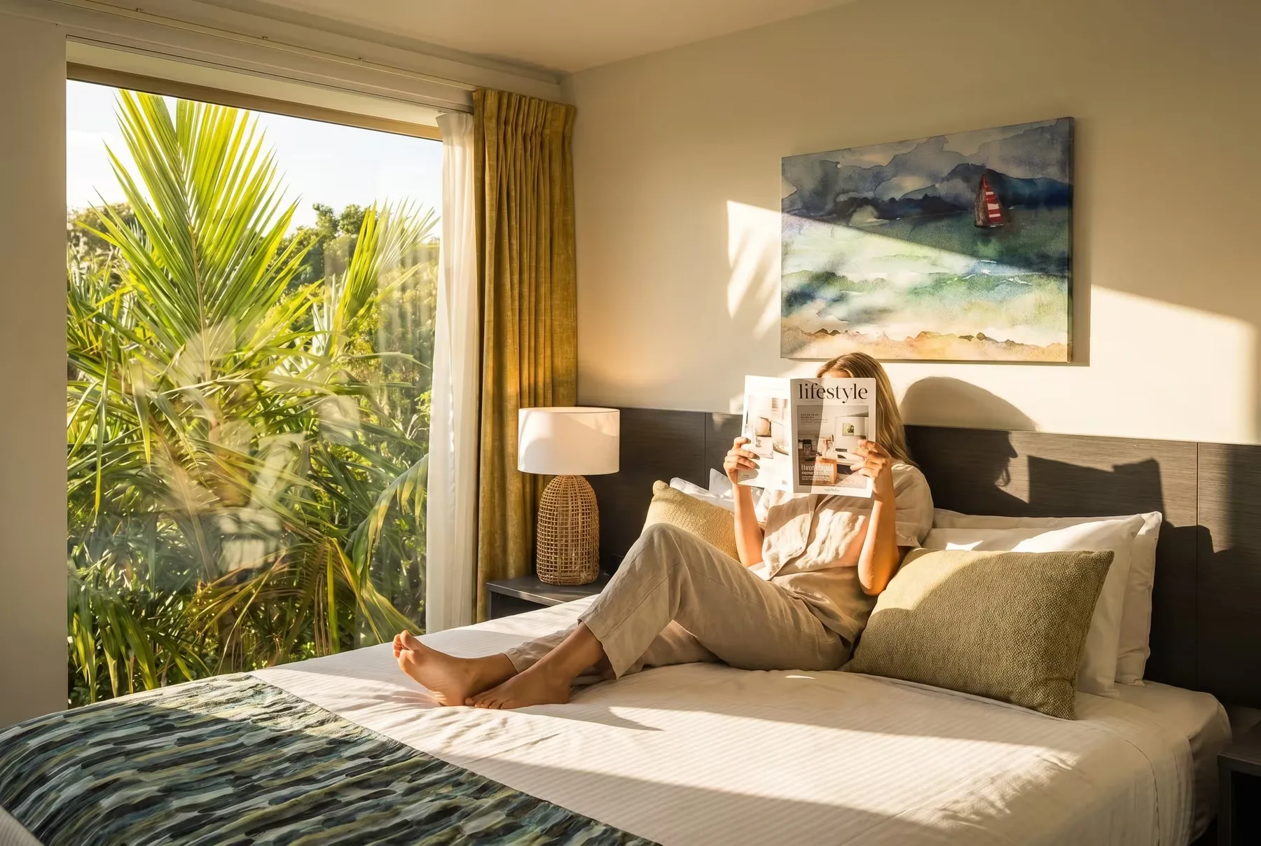Representative hotel space: A bedroom with a bed beside a large window overlooking tropical greenery.